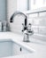 Close-up silver tap in white minimal bathroom washbasin with decorations. Generative AI