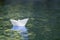 Close-up of simple small white origami paper boat floating quietly in blue clear river or sea water under bright summer sky.
