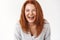 Close-up sincere carefree joyful redhead mature woman enjoy family summer vacation laughing out loud smiling toothy grin