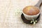 Close up single banana cup cake bakery side view on wood ladle look delicious on wooden table background