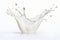 Close up of a single milk splash suspended in mid air, isolated on a pristine white background