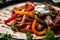 Close-up of sizzling Fajitas with juicy strips of grilled beef, vibrant bell peppers, and onions