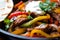 Close-up of sizzling Fajitas with juicy strips of grilled beef, vibrant bell peppers, and onions