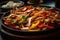 close-up of sizzling fajitas, with peppers and onions visible