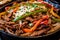 Close-up of sizzling Fajitas with strips of tender, marinated beef, grilled onions, colorful bell peppers,