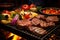 close-up of sizzling grill with juicy steaks and vegetables