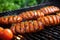 close-up of sizzling sausage links on a grill