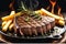 A close-up of a sizzling steak on a cast iron griddle, succulent and seared to perfection, garnished