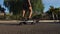 Close-up of a skater`s foot on the Board. Longboard rides on the road in slow motion