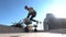 Close up of skater skateboarder man doing 360 kickflip heelflip flip trick in slow motion jump