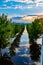 Close up of sky, cloud and tree reflections in 2019 Missouri River flooding of Tom Hanafan River`s Edge Park