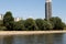 Close up of a skyscraper at the river bank and skyline of cologne