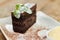 Close up slice of chocolate belgian cake.