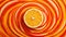 Close-up of a slice of an orange on a red and orange swirl background, multi-layered composition.