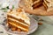 Close-up the slice  of vegetarian carrot cake with almonds on a saucer and a fork near.