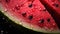 A close up of a slice of watermelon with drops on it, AI