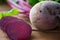 Close up of sliced beet on wood