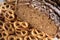 Close-up of sliced bread and pretzels