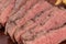 Close up sliced steak.  Delicious steak on wooden board