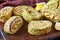 Close-up of slices of delicious zucchini roulade