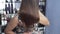 A close-up slow-motion shot of a girl in a beauty salon admires her long straight shiny hair after keratin straightening