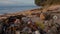 Close-up slow motion video of plastic trash on a wild sand beach in tropical paradise at sunset. Beautiful nature