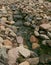 Close-up of a small mountain stream in the rocks. A swift stream of a small river flows over the stones. A beautiful