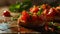 A close up of a small piece of bread with tomatoes and basil, AI