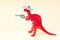 Close up of a small red toy dinosaur wearing a cowboy hat, holding a revolver in his arm and having a sheriff star