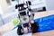 Close up of a smart innovative robot holding a tennis ball