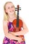 Close up of smiling young blonde girl in a flowery dress posing with violin on a white studio background