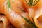 Close up of smoked salmon with dill garnish, food background