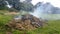 Close up of a smoldering and smoking pile of garden waste, rubbish and grass cuttings