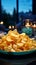 Close up of snack chips on a coffee table, within a serene, blue toned living space