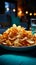 Close up of snack chips on a coffee table, within a serene, blue toned living space