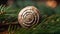 a close up of a snail shell on a pine tree