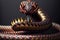 close-up of a snake with dragon horns and black scales with red and gold patterning.