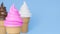 Close up Soft serve ice cream of strawberry, vanilla and chocolate flavours on crispy cone on blue background.,3d model and