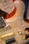 Close up of a solid natural brown electric guitar