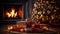 Close-up of some silver and red gifts on the floor with a blurry gold and red Christmas tree and a warm fireplace