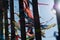 Close-up of souvenir ribbons attached to the railings of the water fountain at Largo Terreiro de Jesus in Pelourinho, city of