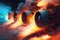 close-up of spacecrafts huge engines, with their powerful flames and smoke