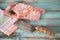 Close up of spare ribs of pork with meat cleaver