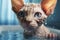 Close-up of a Sphynx kitten with wrinkled skin and an intense look in the water while bathing.