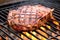 close-up of a spice-crusted pork chop over charcoal grill