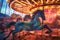 close-up of spinning carousel horses at dusk