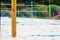 Close up of sport volleyball scoreboard on the summer sand. Wooden scoreboard.