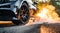 close-up of a sports car doing burnout on the street, car doing burnout, close-up of car