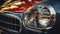 A close-up of a sports car\'s glistening headlight