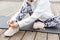 Close up of a sportswoman tying shoelace